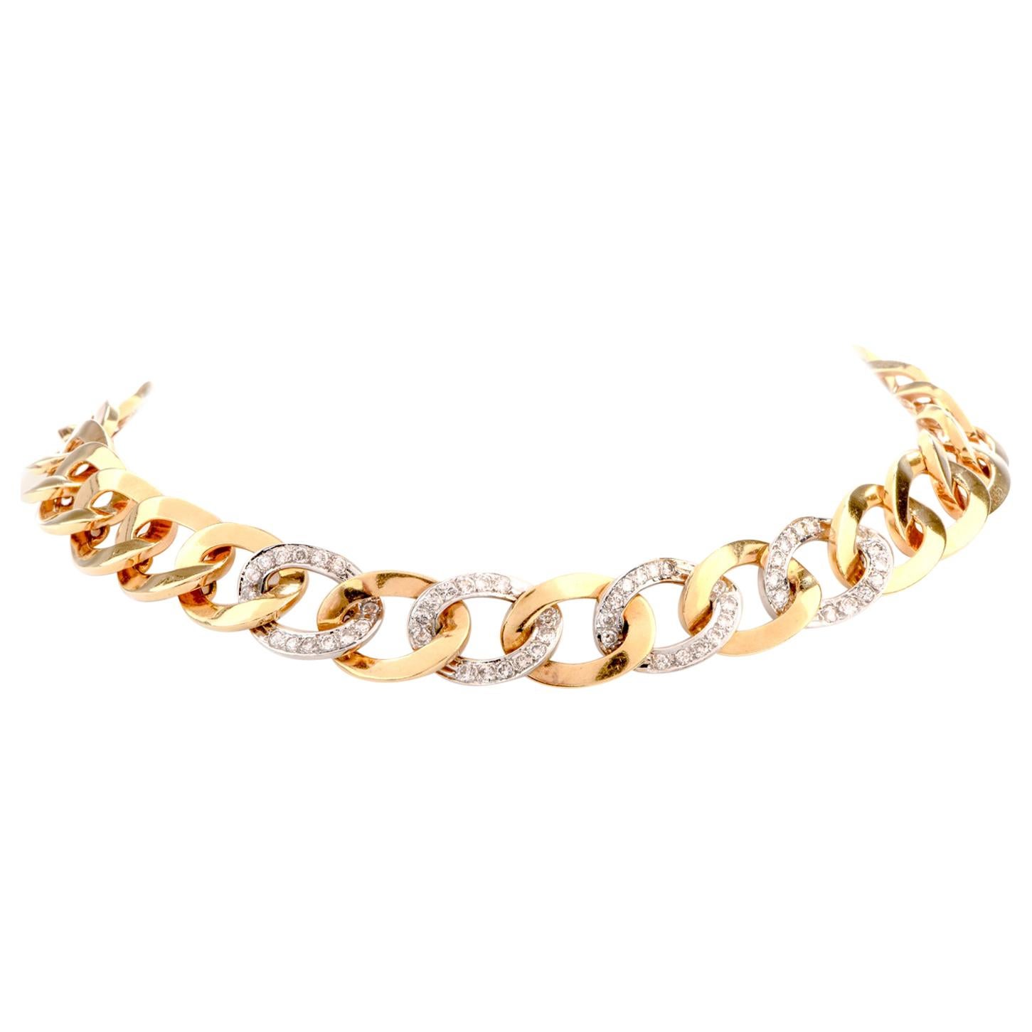 Vintage Large Diamond Curb Link 18 Karat Choker Necklace