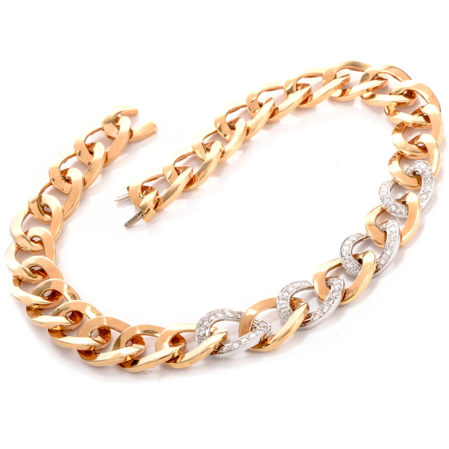 Large interconnecting oval links create the design of this

Bold Diamond Choker Necklace.

Crafted in both 18K yellow and white gold weighing approx. 109.1 grams.
 This choker measures approx. 15.59mm x 15 Inches long and is 

adorned in the white