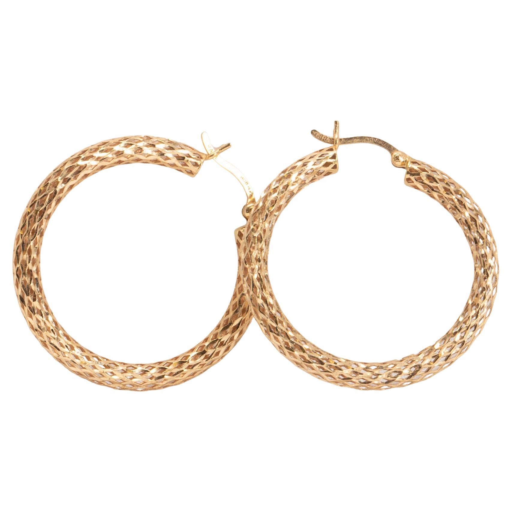 Vintage Large Diamond-Cut Mesh Hoop Earrings in 14K Yellow Gold For Sale