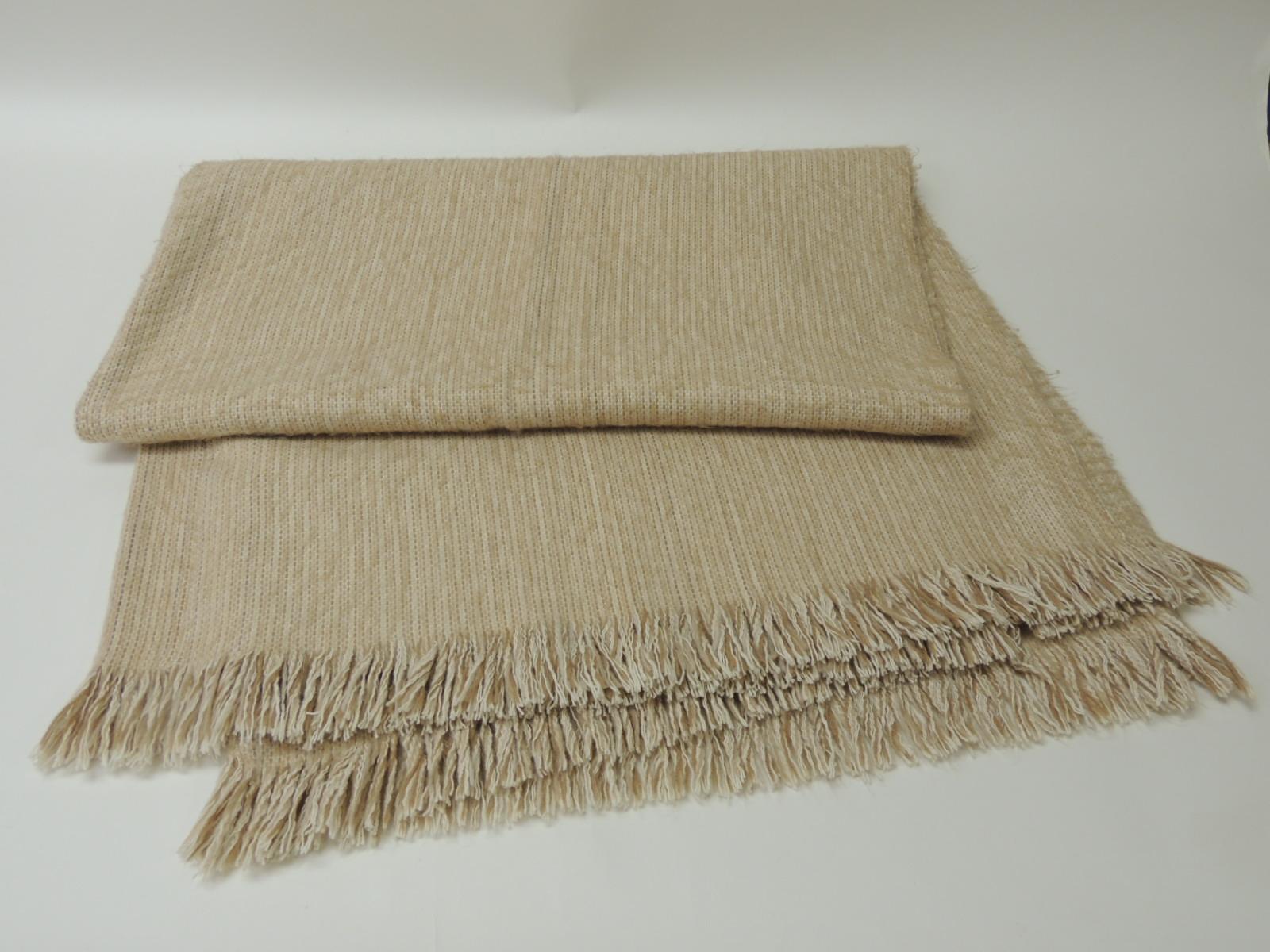 Hollywood Regency Vintage Large Ecru Tone-on-tone Woven Throw with Small Fringes
