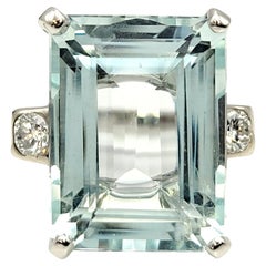 Vintage Large Emerald Cut Aquamarine and Diamond Cocktail Ring in Platinum
