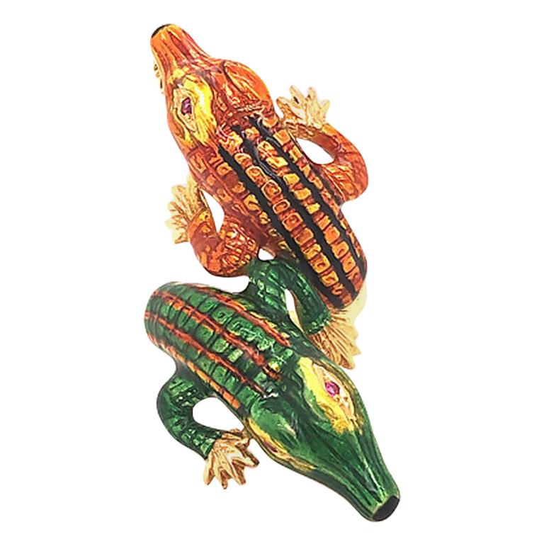 Vintage Large Enameled Alligator Ring in 18 Karat Gold and Rubies, Rare, 1960s For Sale