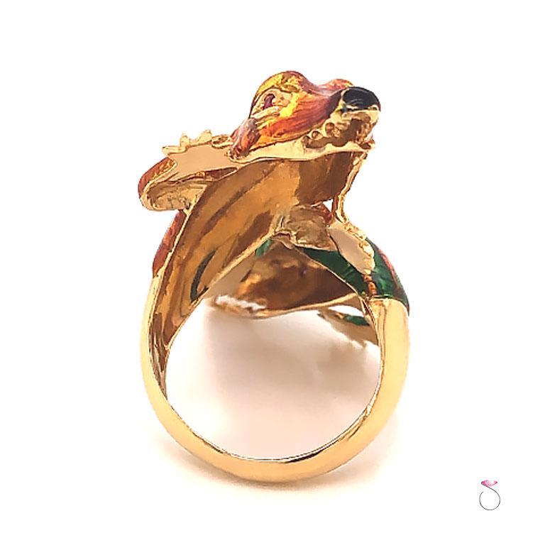 Art Deco Vintage Large Enameled Alligator Ring in 18 Karat Gold and Rubies, Rare, 1960s For Sale