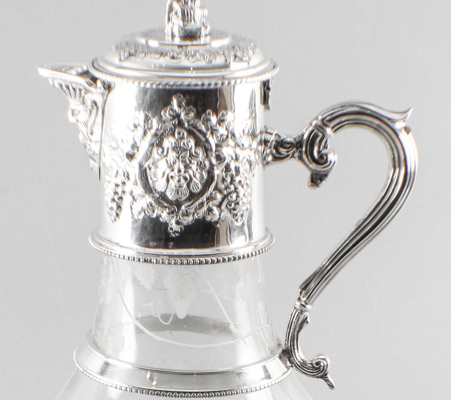 Engraved Vintage Large English Silver Plated & Glass Claret Jug 20th C
