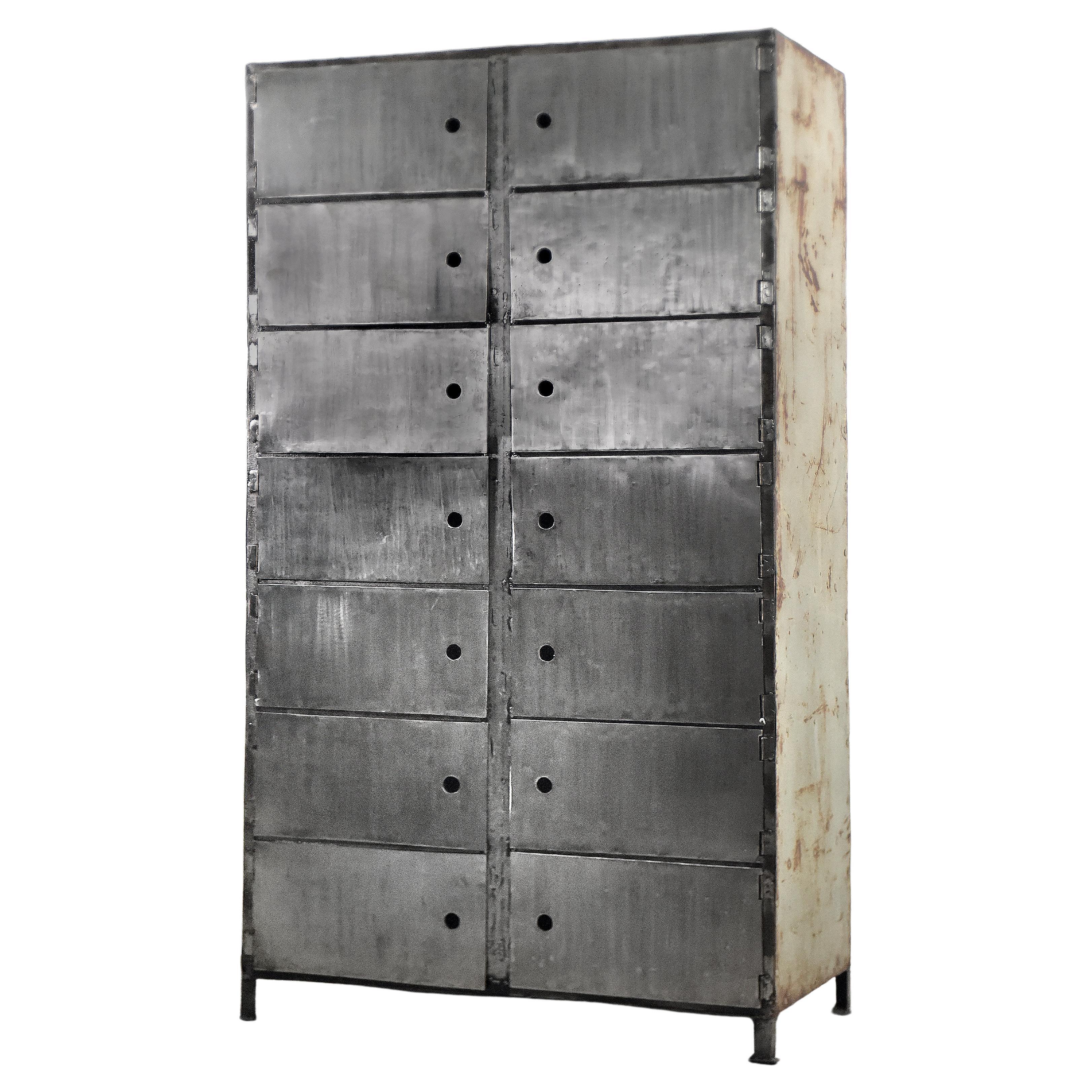 Vintage Large Factory Raw Industrial Metal Bank Cabinet with 14 Lockers, 1950s For Sale
