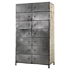 Used Large Factory Raw Industrial Metal Bank Cabinet with 14 Lockers, 1950s