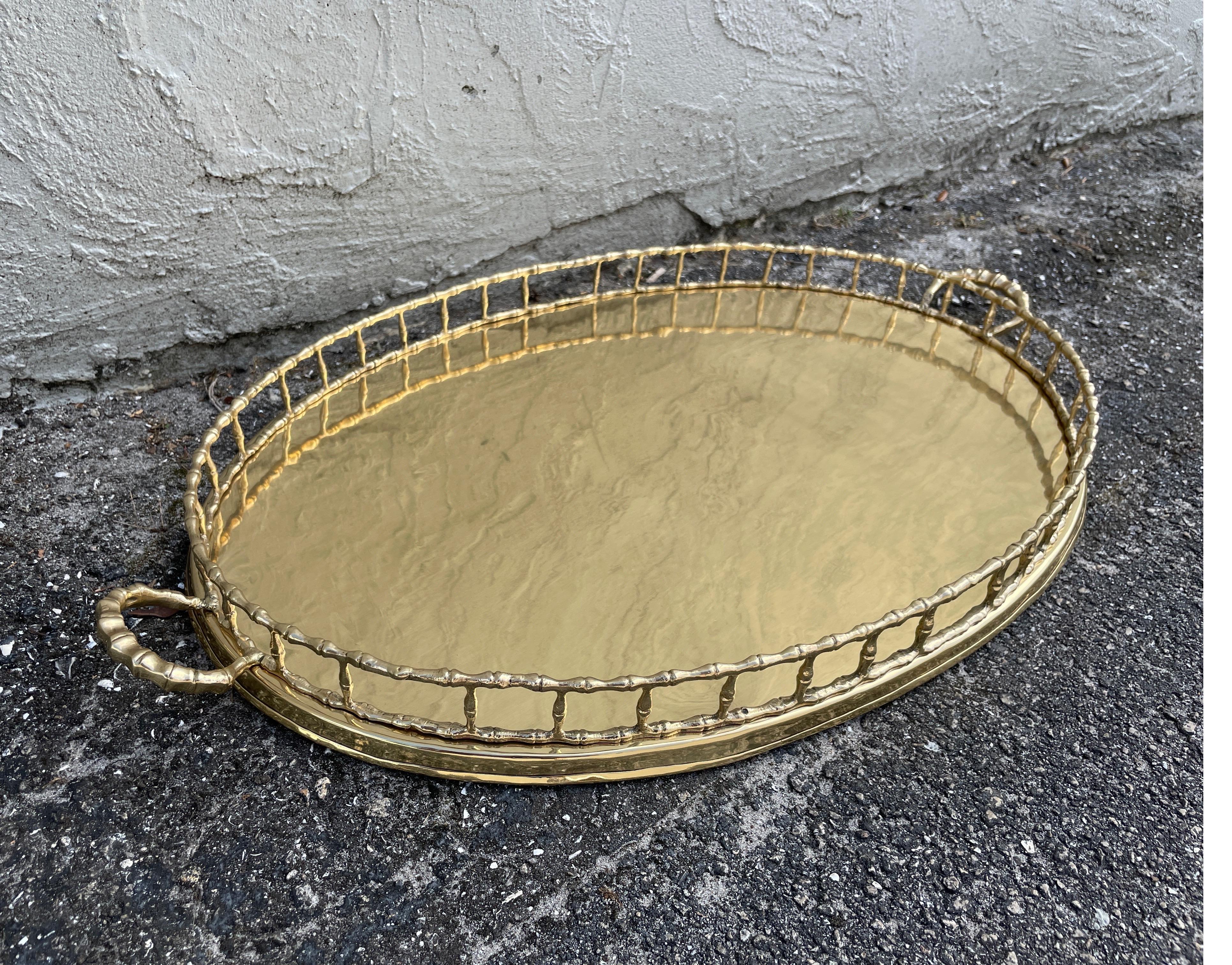Vintage Large Faux Bamboo Galleried Brass Tray In Good Condition In West Palm Beach, FL
