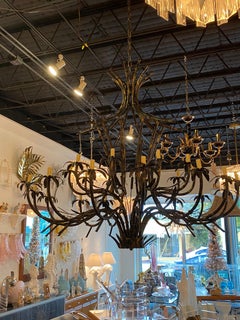 Vintage Large Faux Bamboo Pagoda Tole Metal Palm Beach Chandelier 25 Lights