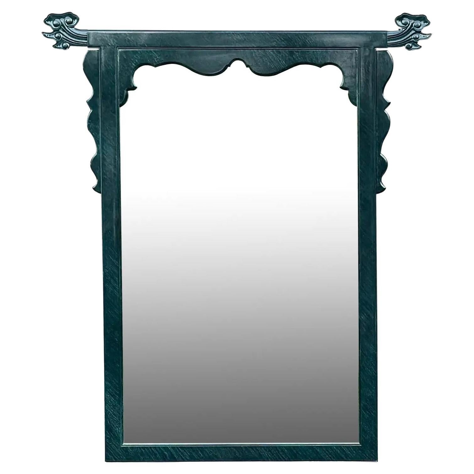 Vintage Large Faux Malachite Green Lacquer Chinese Style Carved Mirror