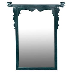 Vintage Large Faux Malachite Green Lacquer Chinese Style Carved Mirror