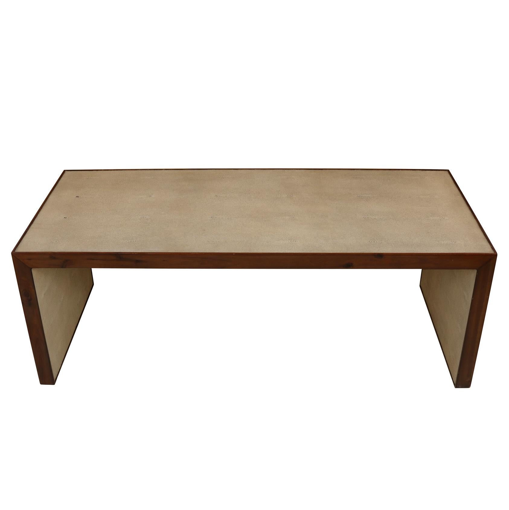 Mid-Century Modern Vintage Large Faux Shagreen Coffee Table With Wood Detail For Sale