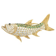 Vintage Large Fish Brooch Pin Statement Diamonds and Green Tourmaline