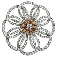 Vintage Large Flower 4.5 Carat Diamond Brooch 18K White Gold