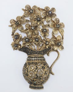 Vintage Large Flowers & Urn Rhinestone Brooch, C.1970