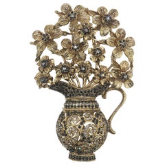 Vintage Large Flowers & Urn Rhinestone Brooch, C.1970