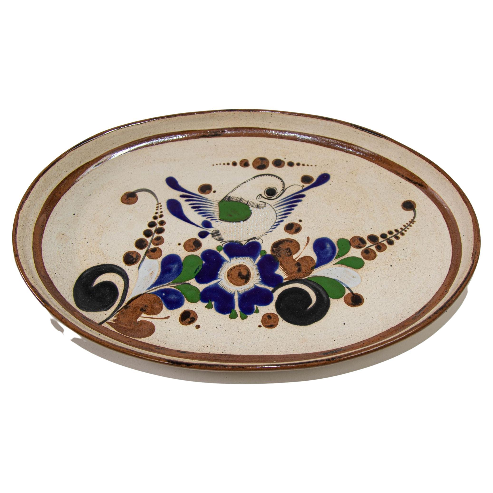 Tonala Folk Art Pottery Oval Platter Signed, Mexico, circa 1960's