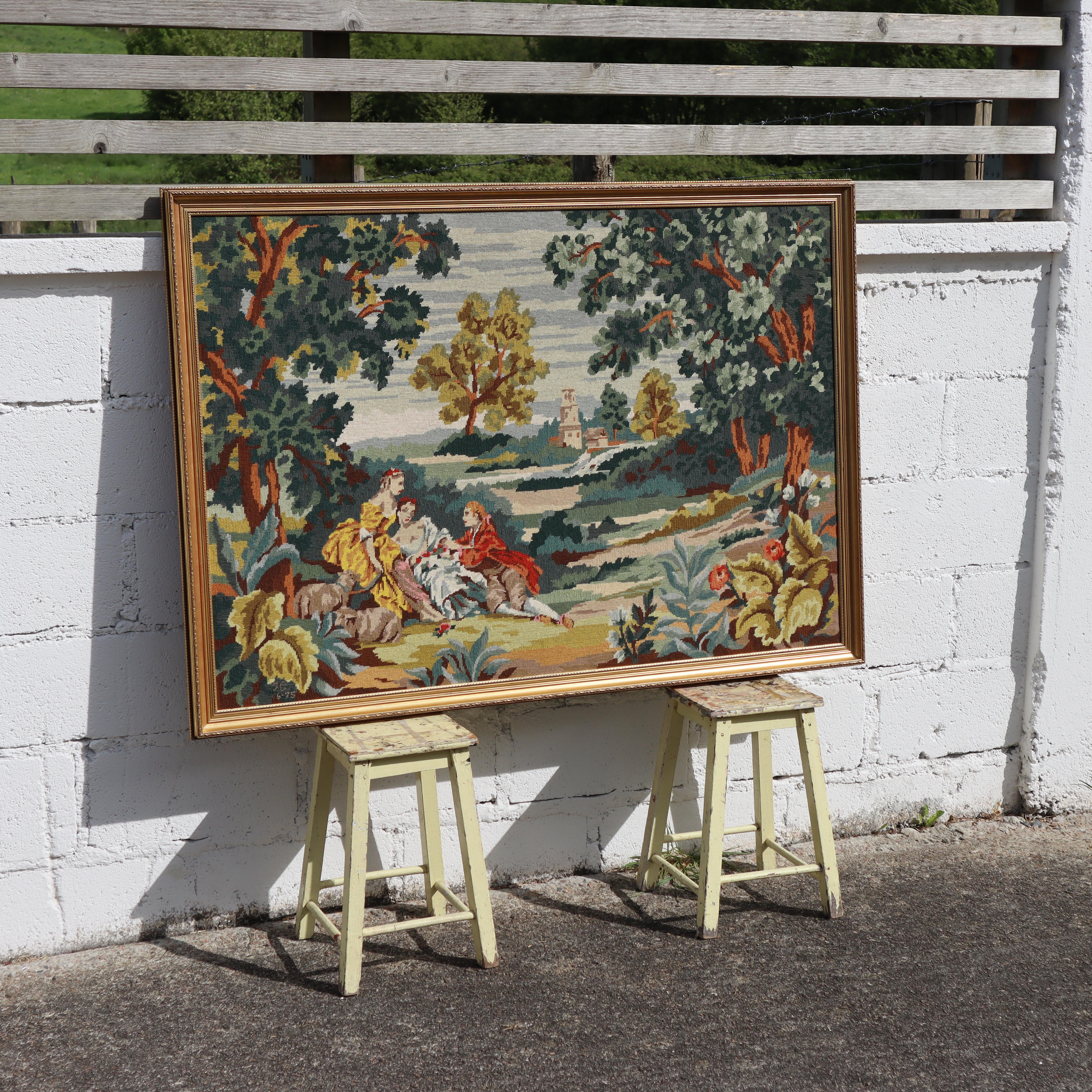 Embroidered  Vintage Large Framed Tapestry-French Baroque Art Work For Sale