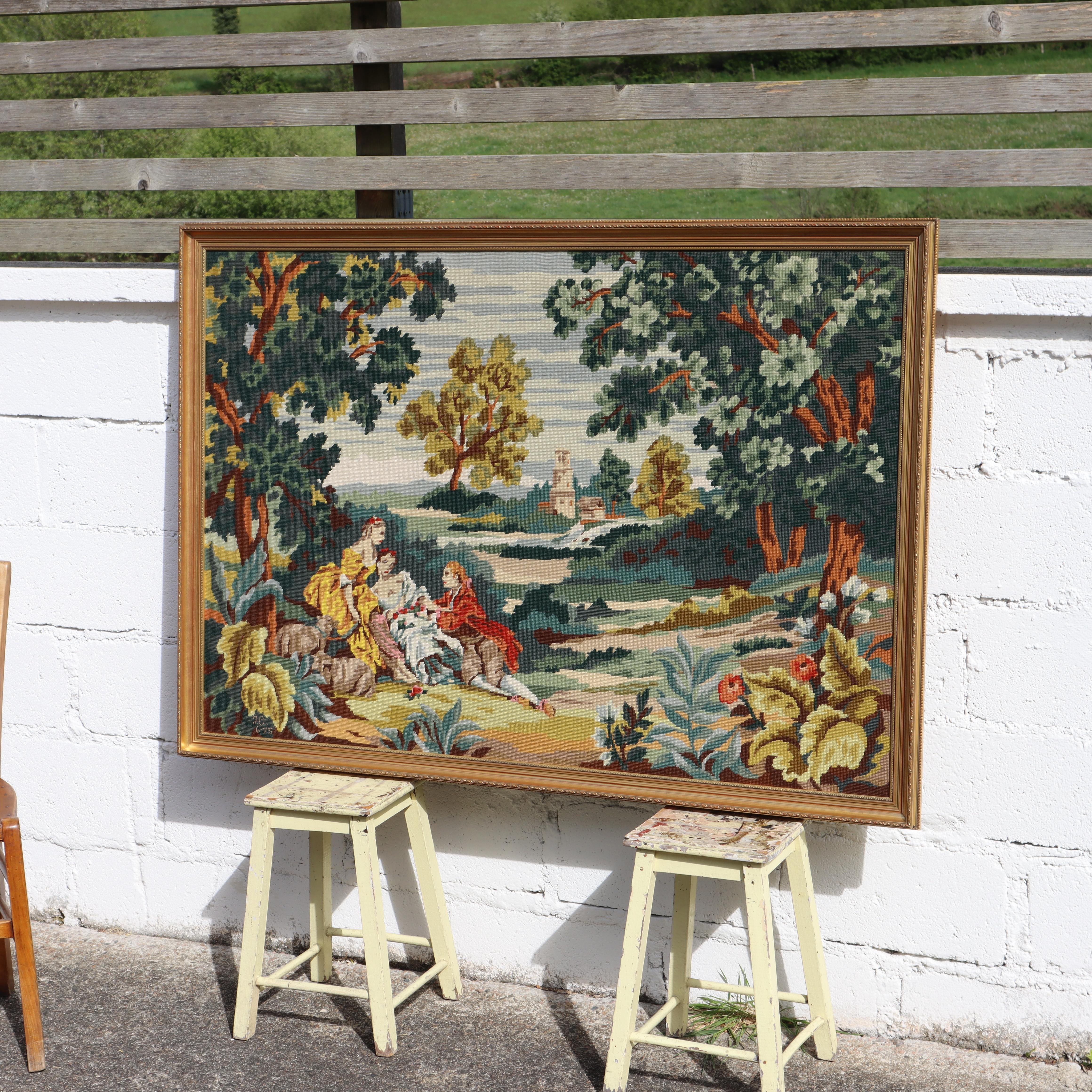 Großer gerahmter Vintage-Wandteppich, französisches Barockkunstwerk, Vintage (Bestickt) im Angebot