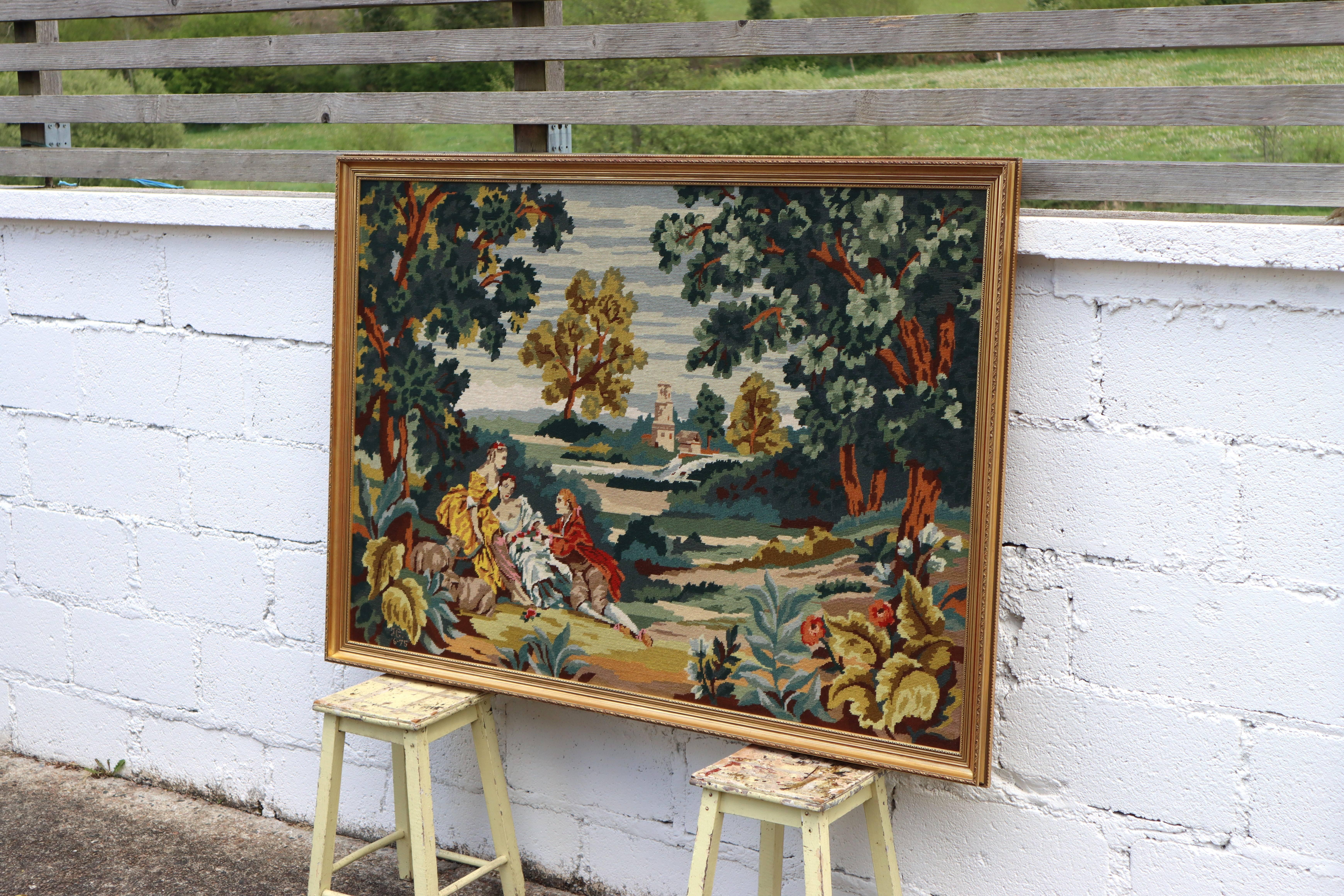 Großer gerahmter Vintage-Wandteppich, französisches Barockkunstwerk, Vintage im Zustand „Gut“ im Angebot in Bussiere Dunoise, Nouvel Aquitaine