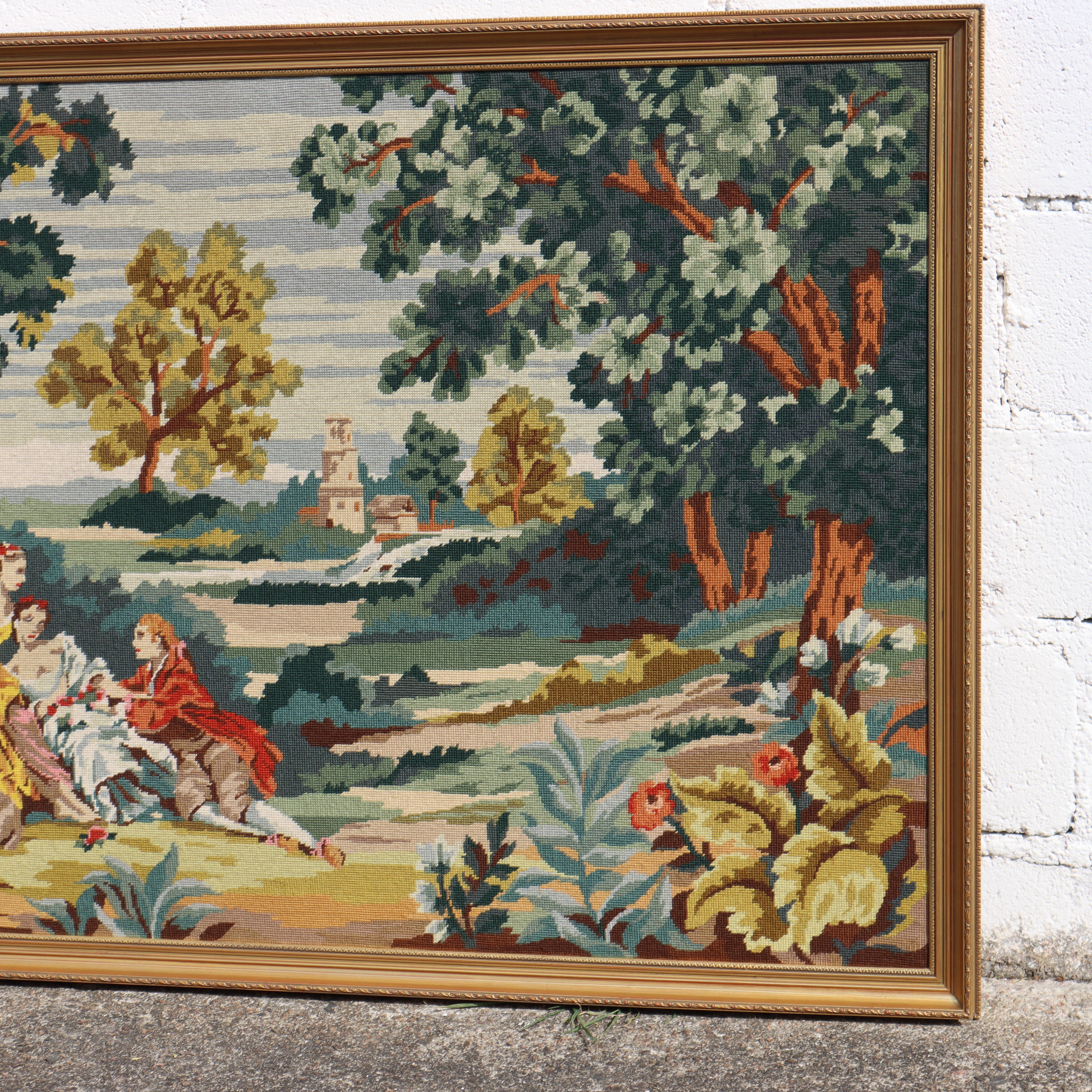 Großer gerahmter Vintage-Wandteppich, französisches Barockkunstwerk, Vintage im Angebot 1