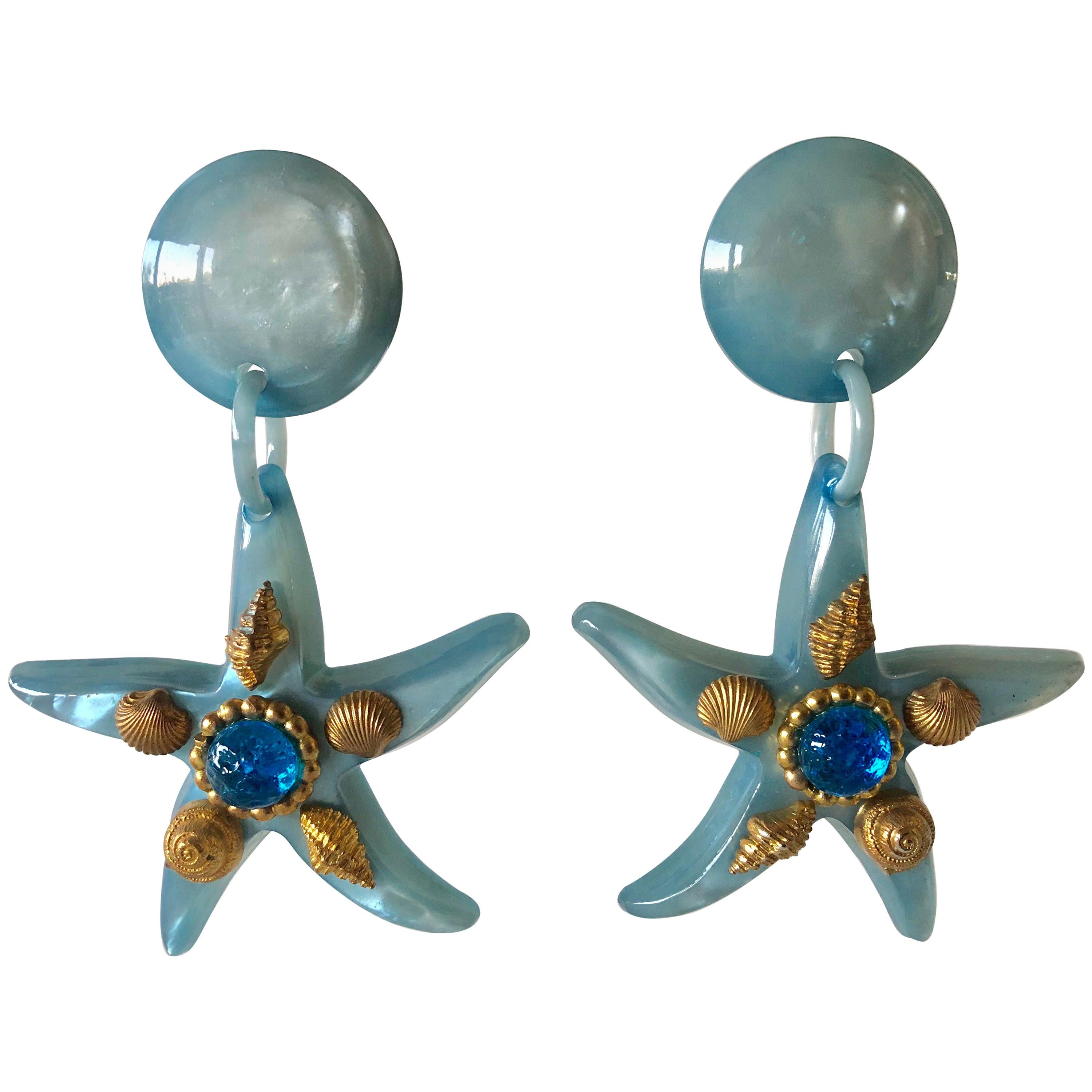 Vintage Large French Blue Starfish Statement Earrings 