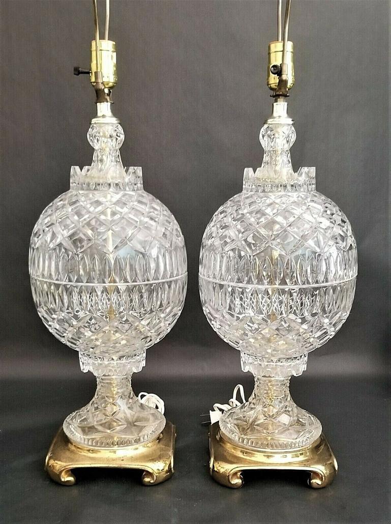 Vintage Large French Cut Lead Crystal Table Lamps, a Pair In Good Condition For Sale In Lake Worth, FL