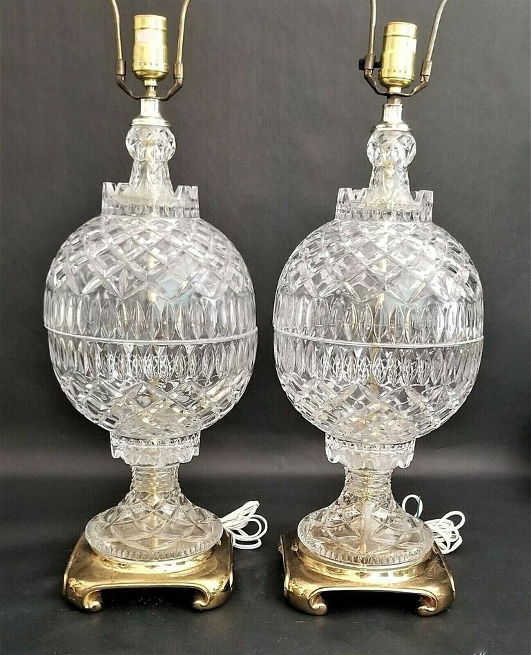 20th Century Vintage Large French Cut Lead Crystal Table Lamps, a Pair For Sale
