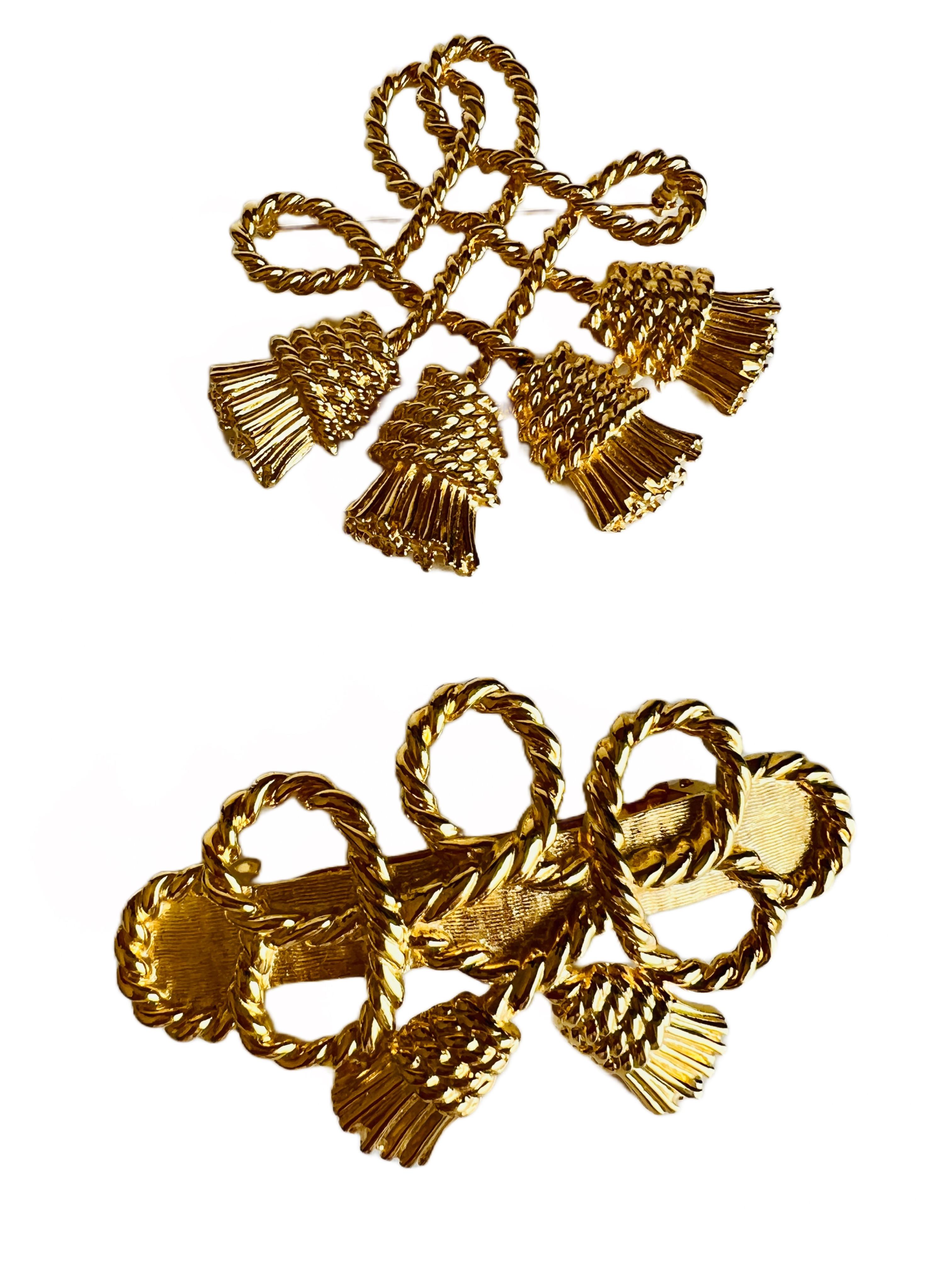 Lovely vintage gold plated brooch and matching barrette featuring a classic rope and tassel design.

Brooch Size: 3-1/8