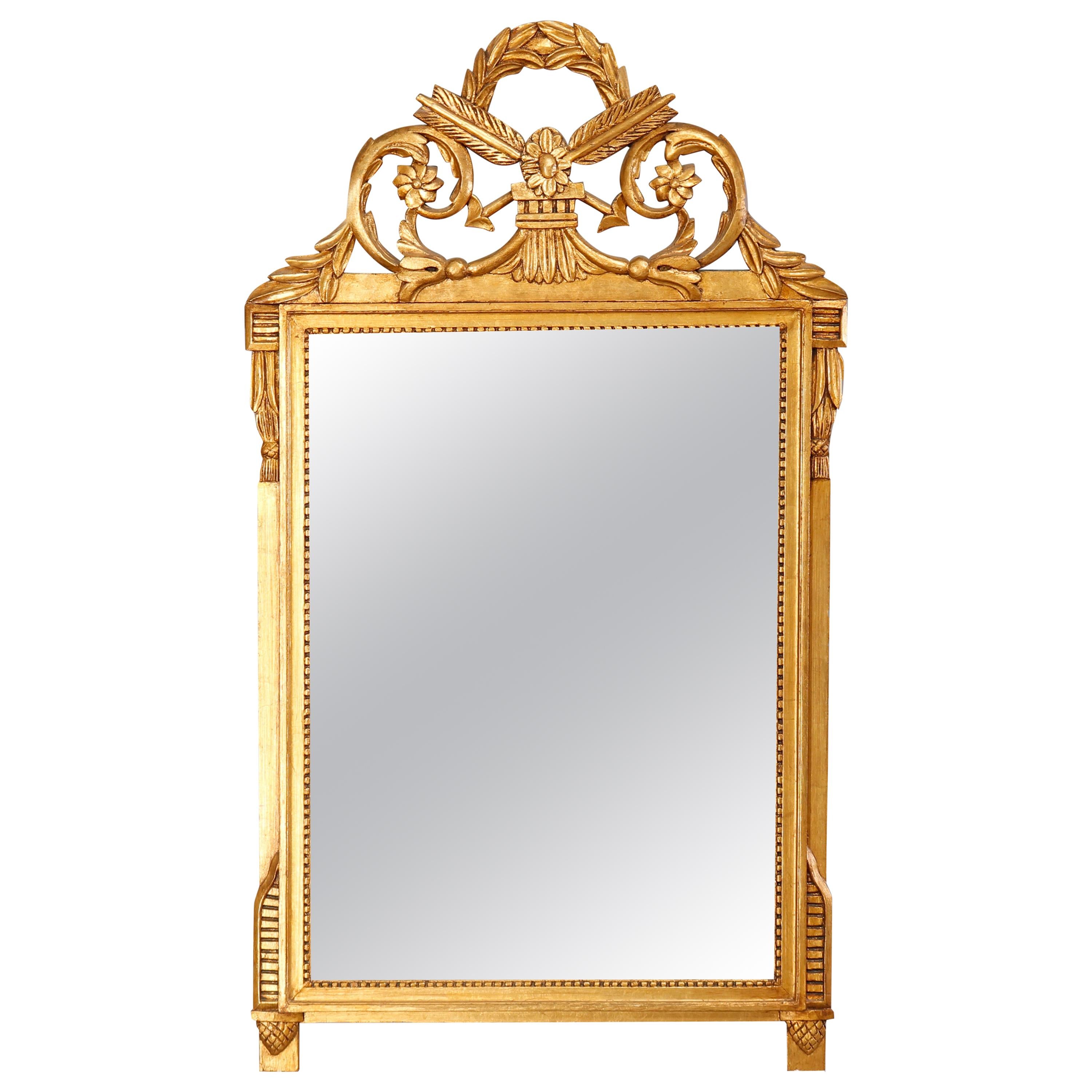 Vieux et grand miroir mural français de style Louis XVI en bois doré, 20ème siècle