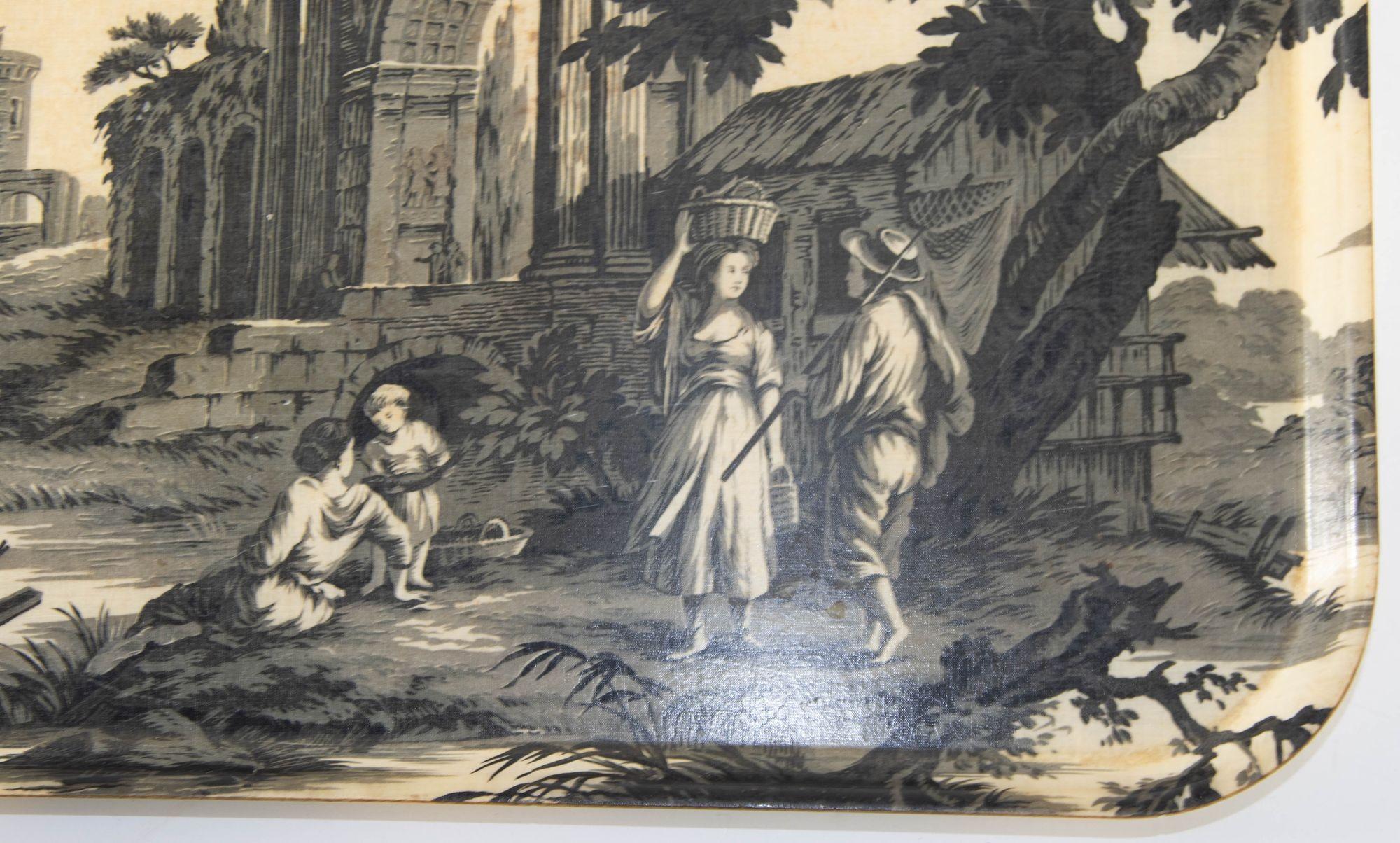 Vintage Large French Toile Pattern Fiberglass Tray with 19th Century Countryside For Sale 6