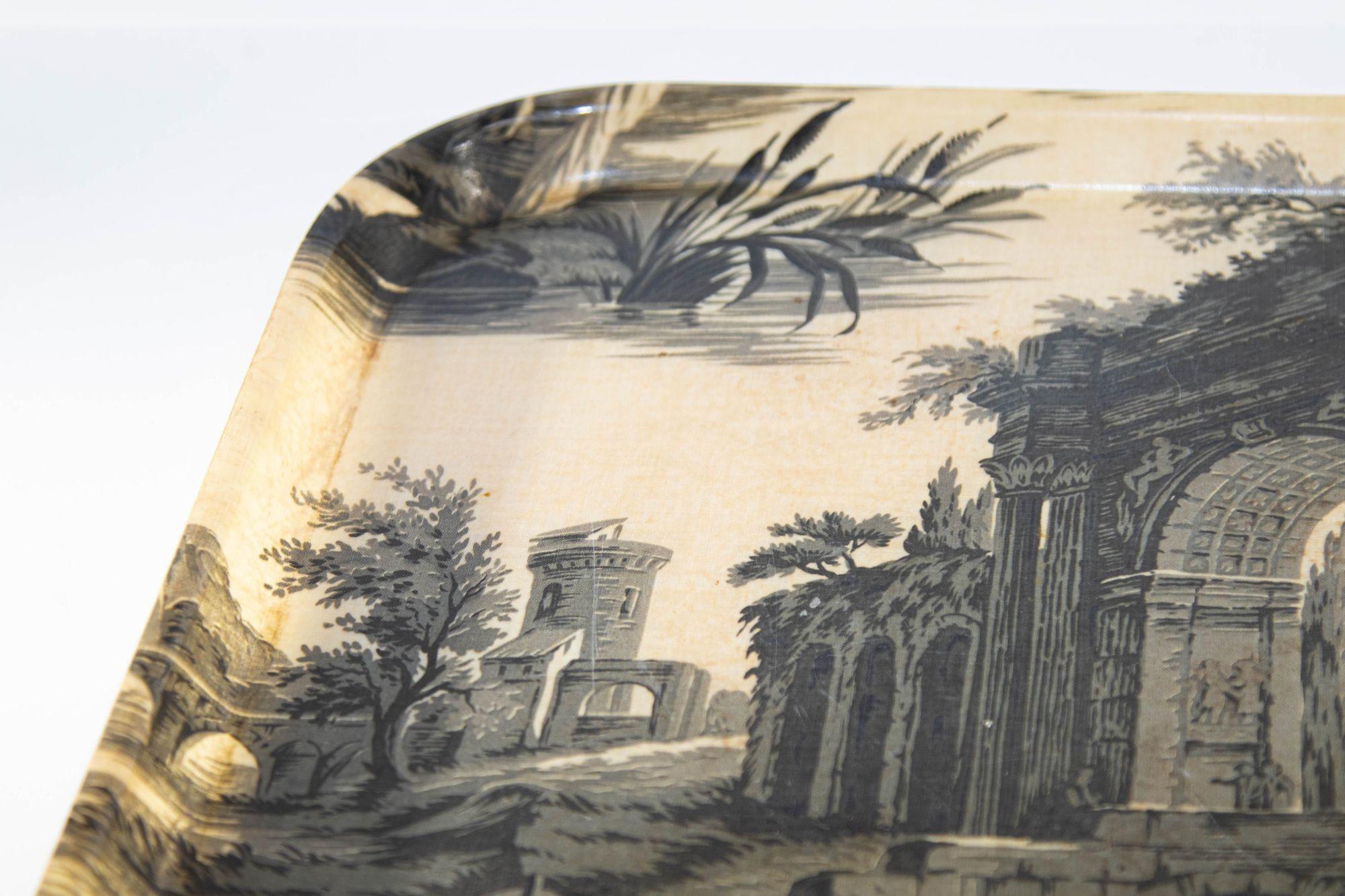 Vintage Large French Toile Pattern Fiberglass Tray with 19th Century Countryside For Sale 12
