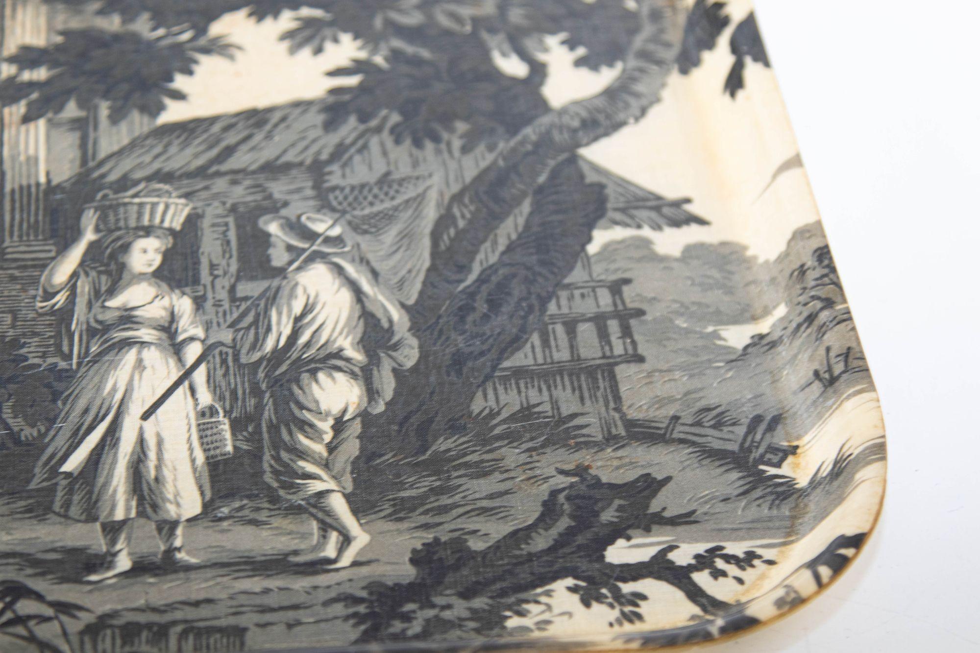 Vintage Large French Toile Pattern Fiberglass Tray with 19th Century Countryside For Sale 13