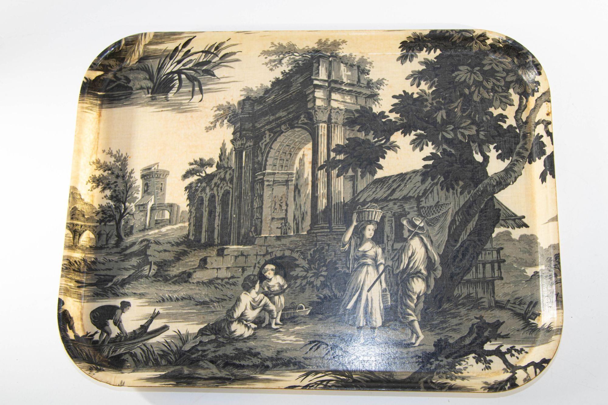 Vintage Large French Toile Pattern Fiberglass Tray with 19th Century Countryside For Sale 4