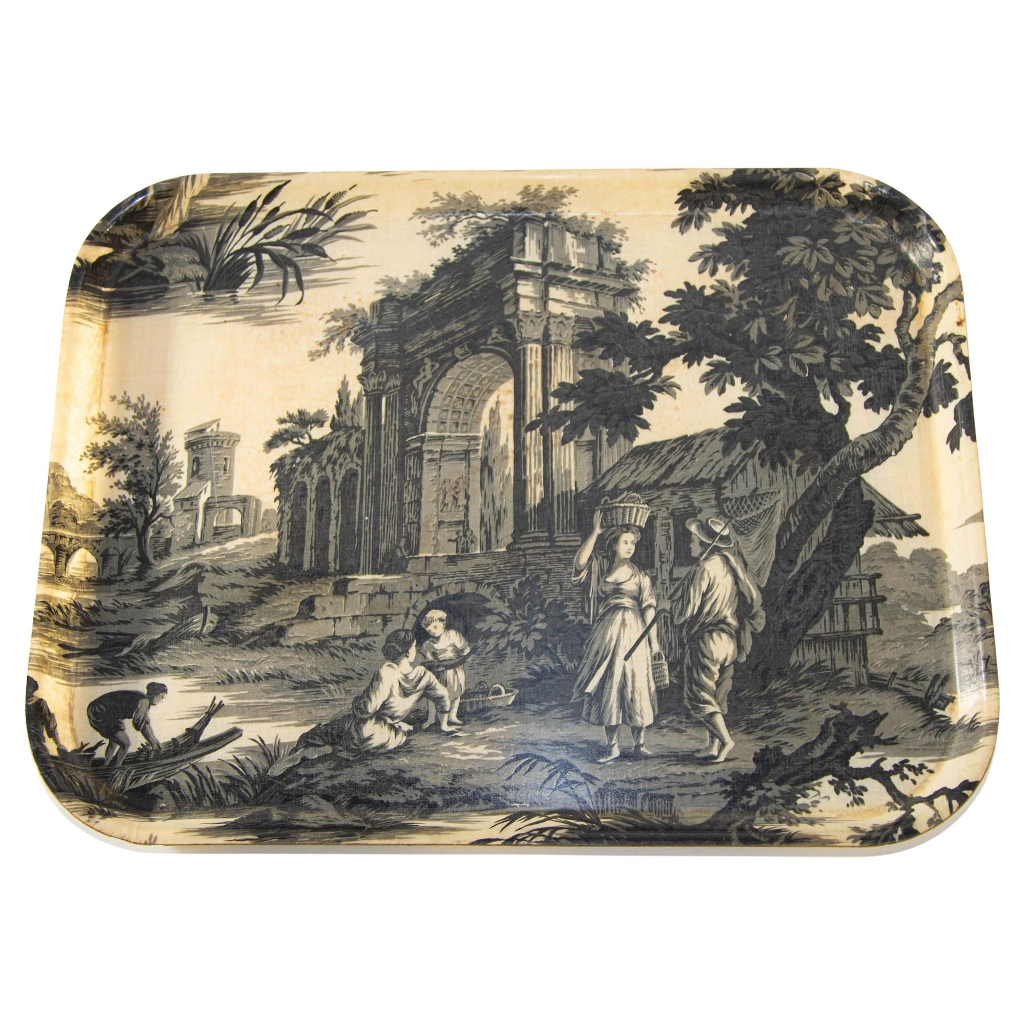 Vintage Large French Toile Pattern Fiberglass Tray with 19th Century Countryside For Sale