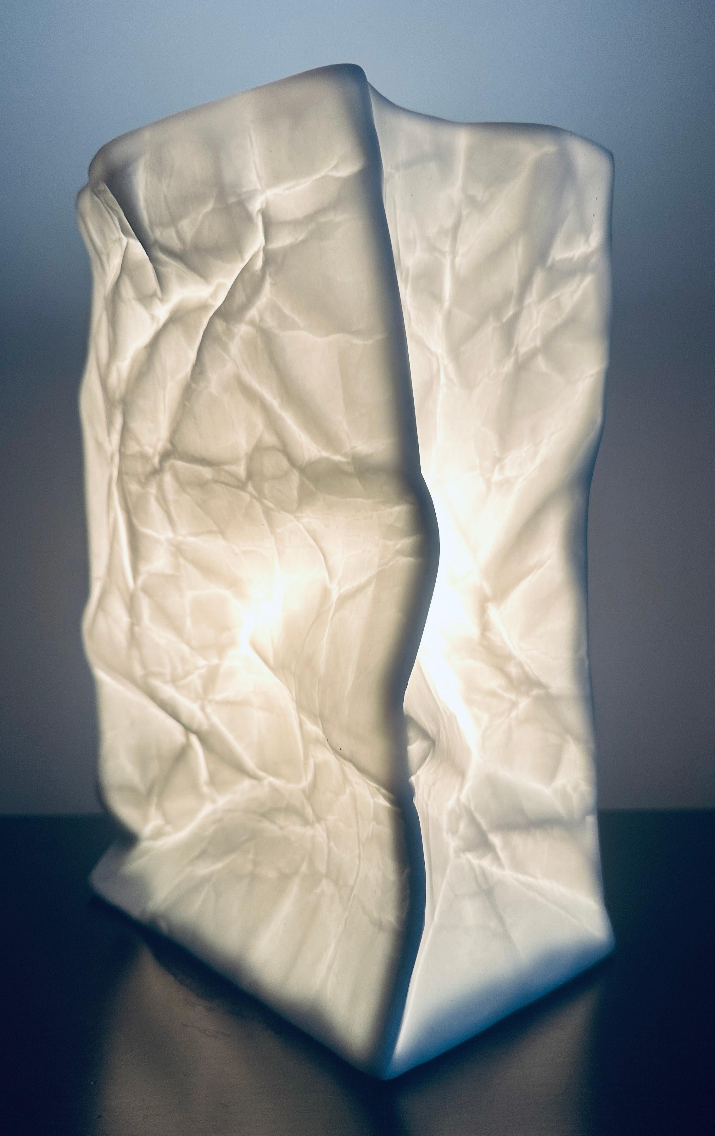 Minimalist Vintage Large German White Bisque Ceramic Crumpled Bag Table Lamp by Sompex For Sale