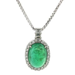 Vintage Large GIA 17.76ct Oval Cabochon Emerald & Diamond Slide Pendant Necklace