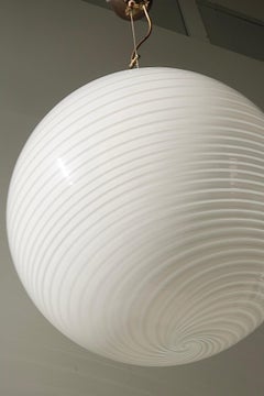 Vintage Large Glass Murano 1970s Sphere Globe White Swirl Pendant Lamp