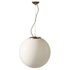 Vintage Large Glass Murano 1970s Sphere Globe White Swirl Pendant Lamp
