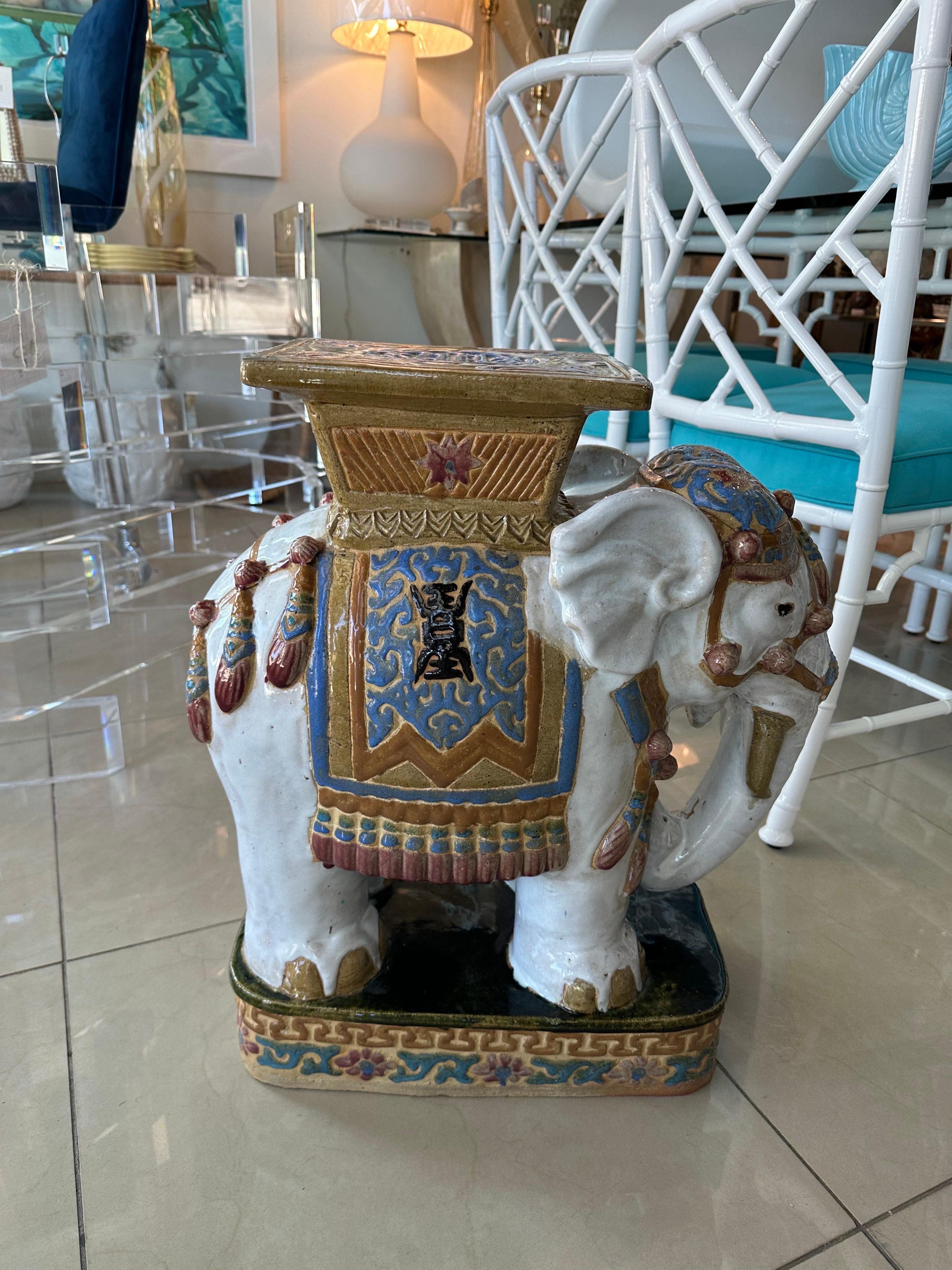 Ceramic Vintage Large Glazed Elephant Garden Stool Stand Drink Side Table For Sale