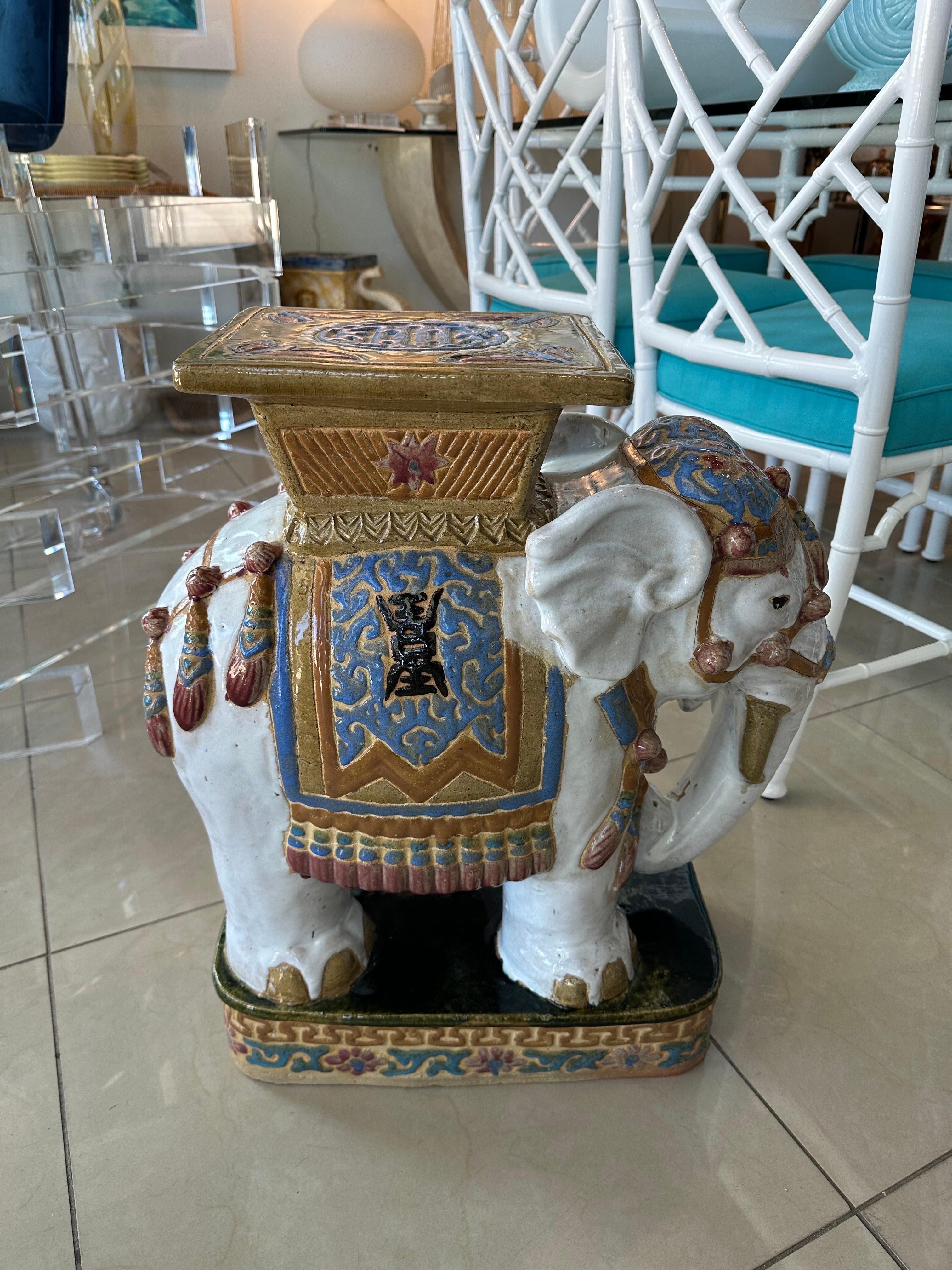 Vintage Large Glazed Elephant Garden Stool Stand Drink Side Table For Sale 1