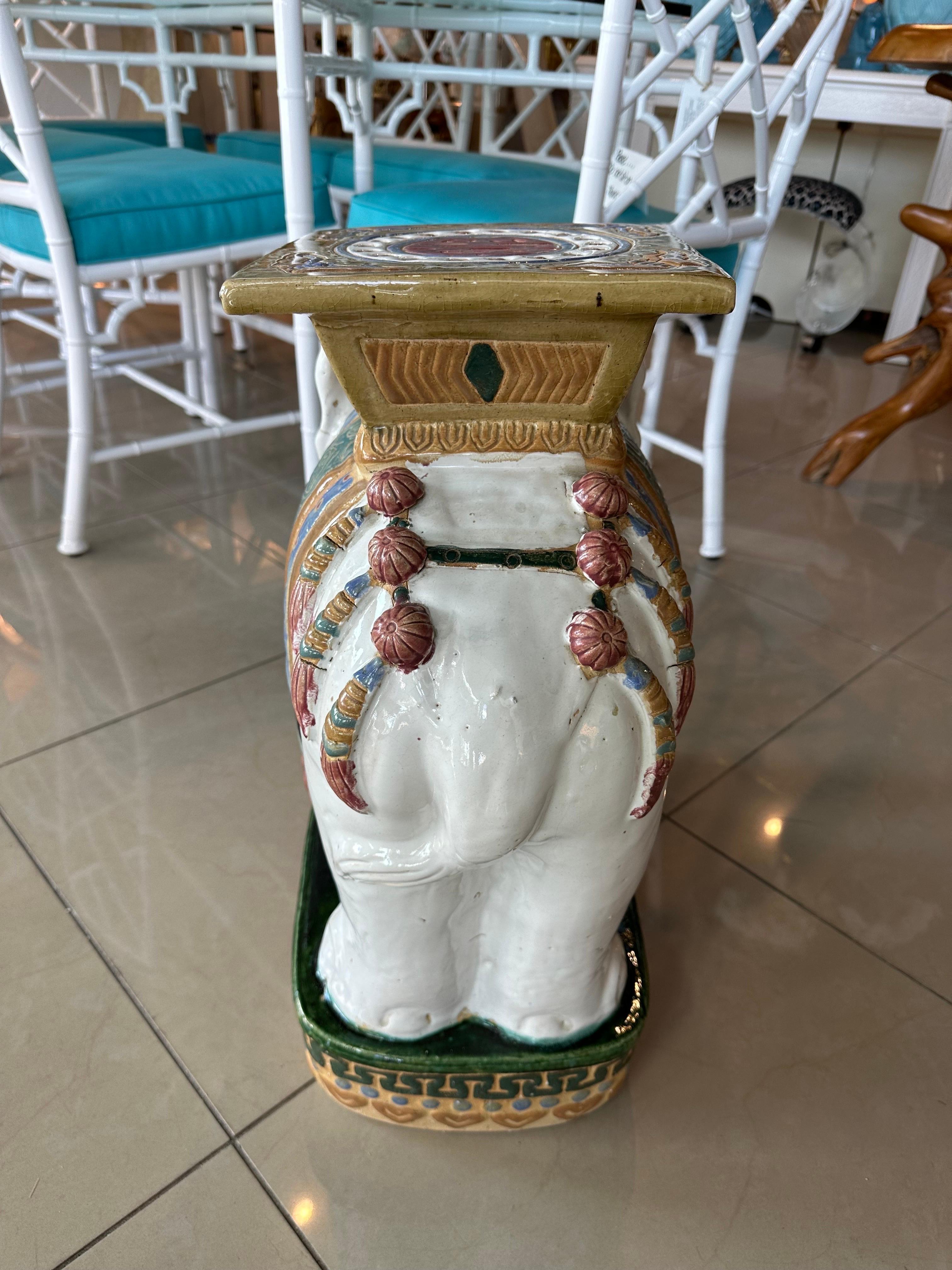 Vintage Large Glazed Elephant Garden Stool Stand Drink Side Table For Sale 1