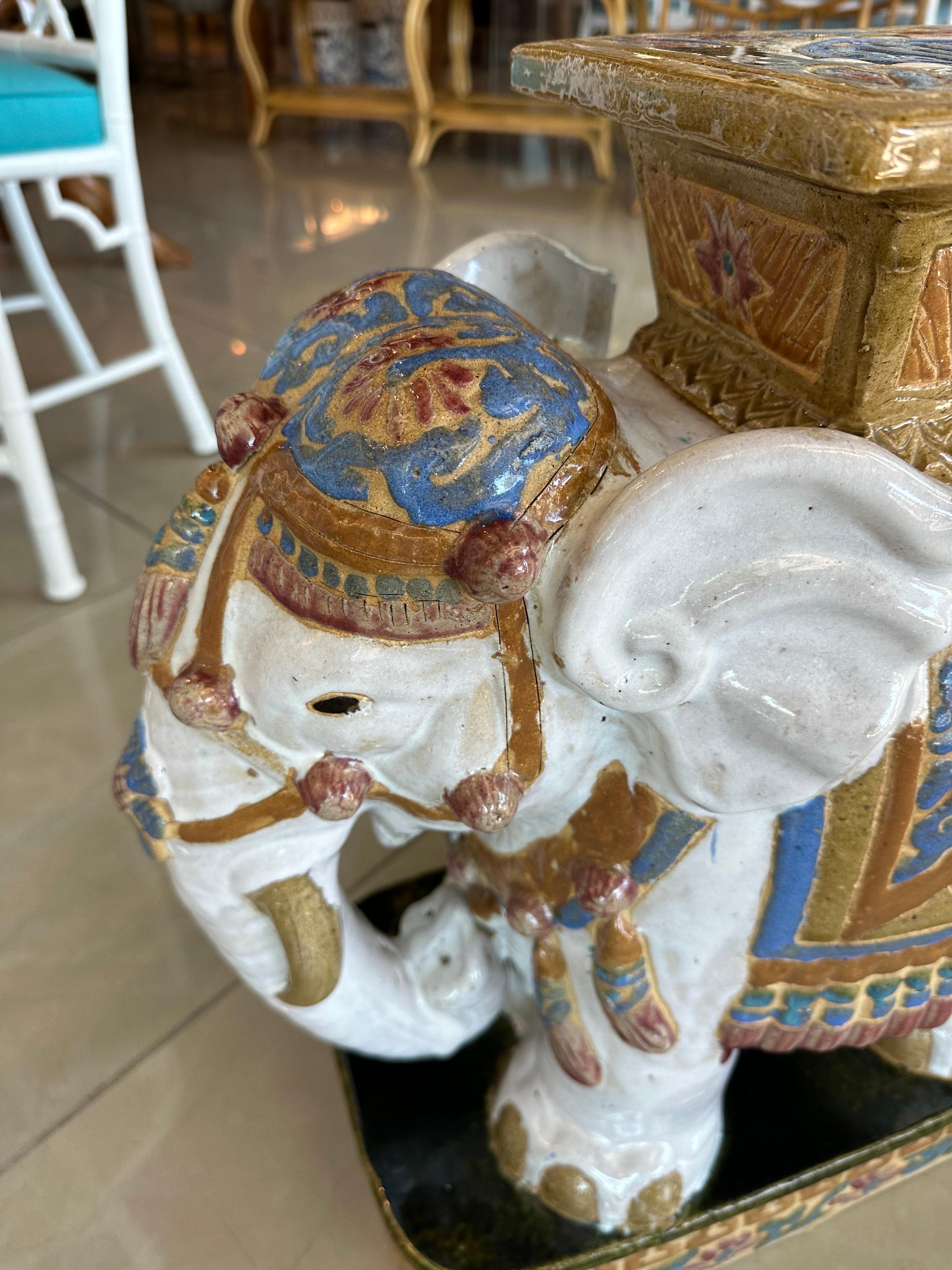 Hollywood Regency Vintage Large Glazed Elephant Garden Stool Stand Drink Side Table For Sale