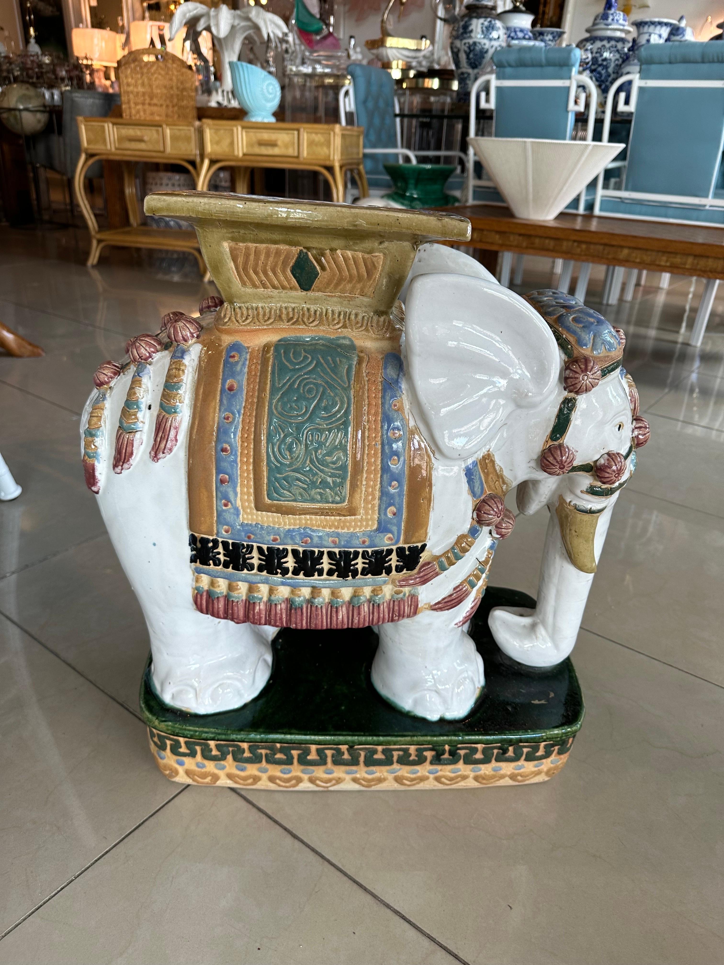 Vintage Large Glazed Elephant Garden Stool Stand Drink Side Table In Good Condition For Sale In West Palm Beach, FL