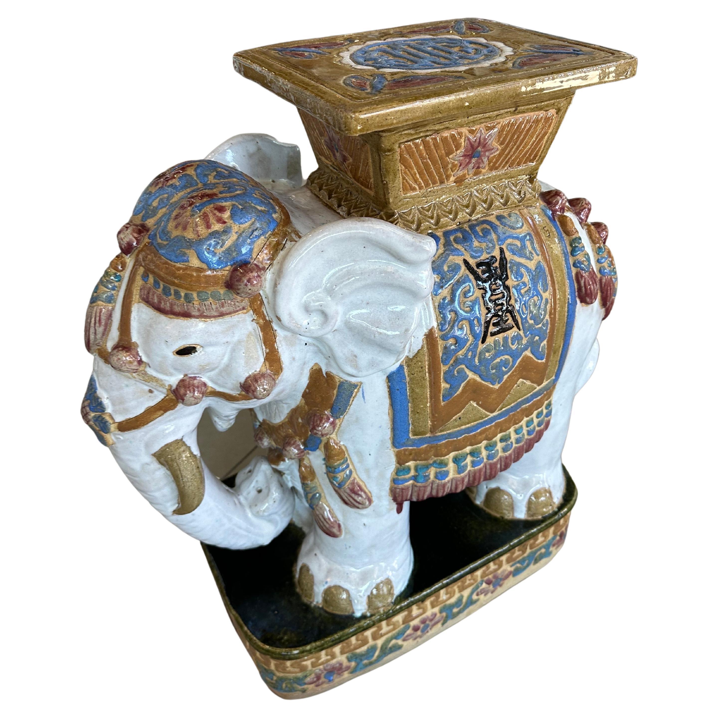 Vintage Large Glazed Elephant Garden Stool Stand Drink Side Table