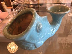Vintage Large Glazed Green Fish Planter Pot Vase Palm Beach