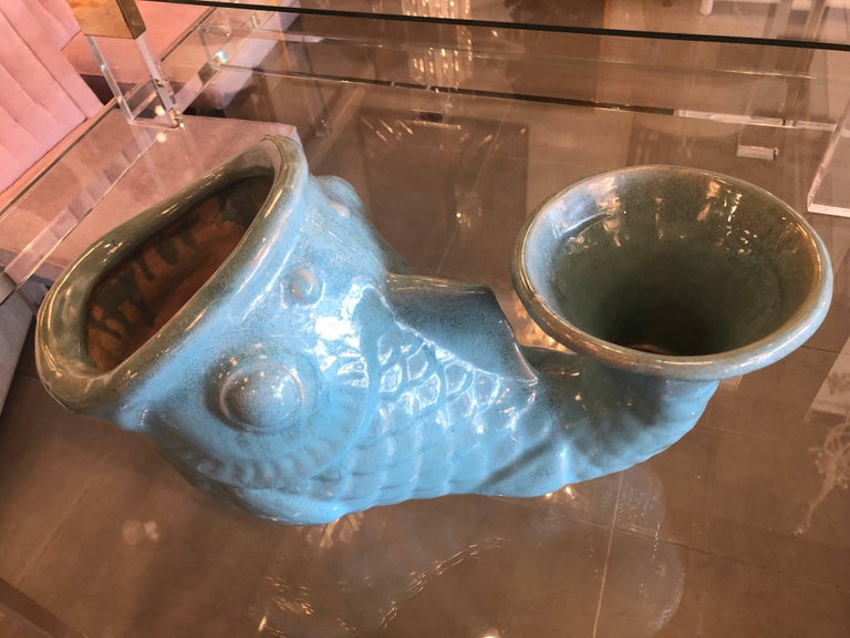 Vintage Large Glazed Green Fish Planter Pot Vase Palm Beach For Sale at 1stdibs