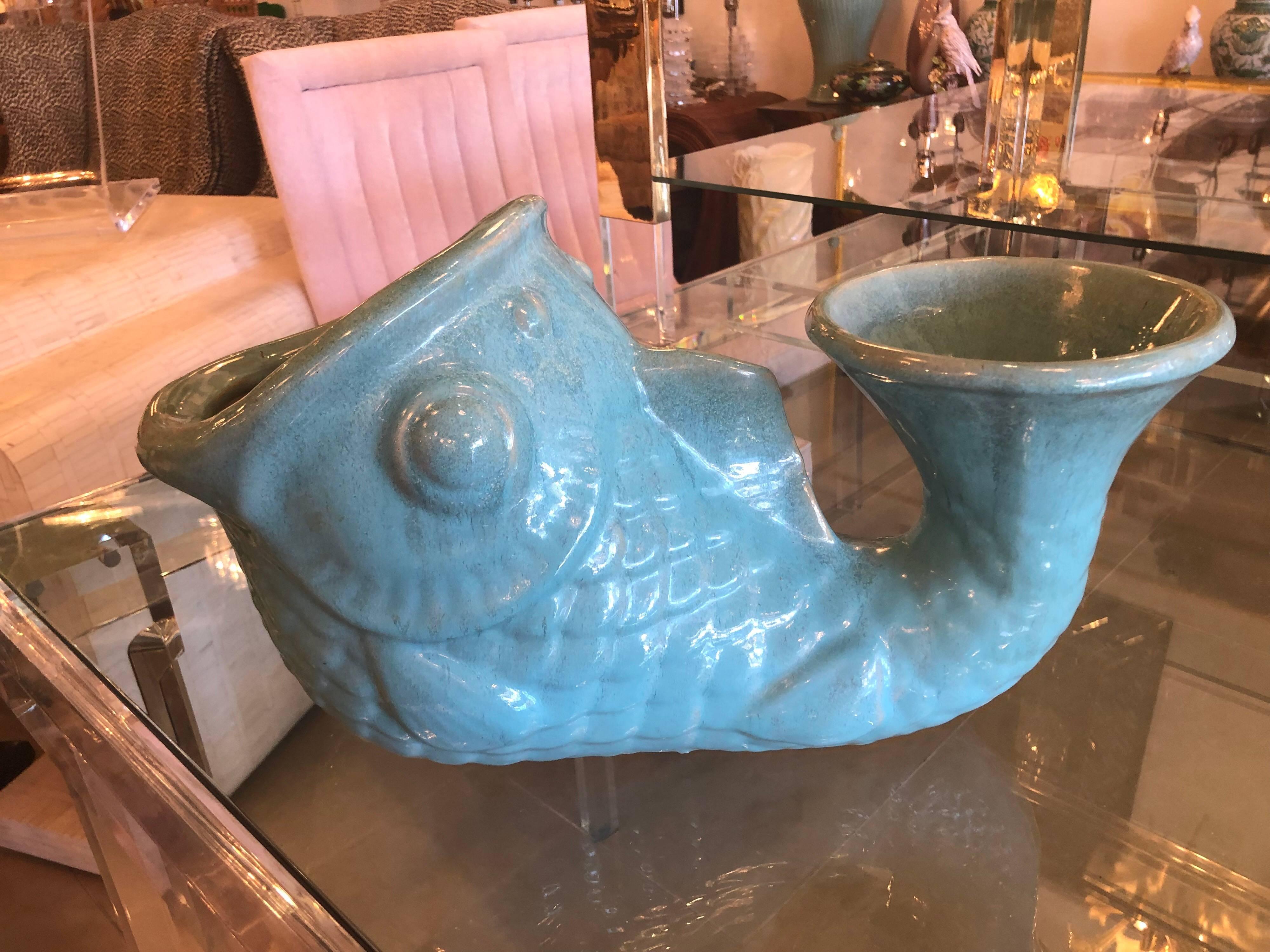 Vintage Large Glazed Green Fish Planter Pot Vase Palm Beach In Excellent Condition For Sale In West Palm Beach, FL
