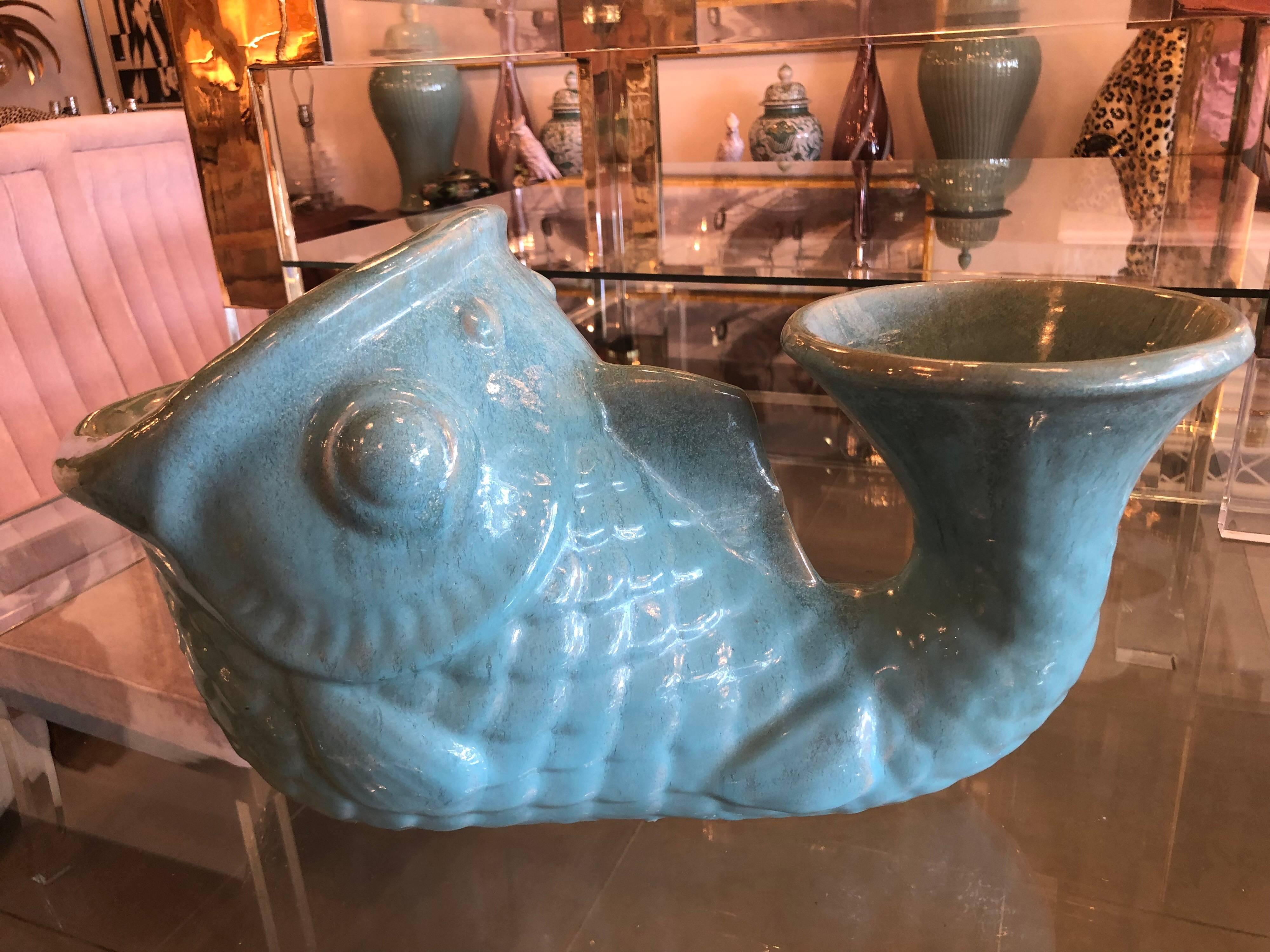 Late 20th Century Vintage Large Glazed Green Fish Planter Pot Vase Palm Beach For Sale