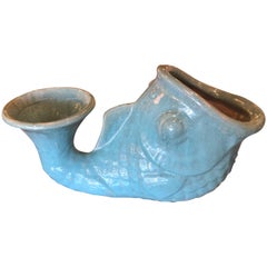 Vintage Large Glazed Green Fish Planter Pot Vase Palm Beach