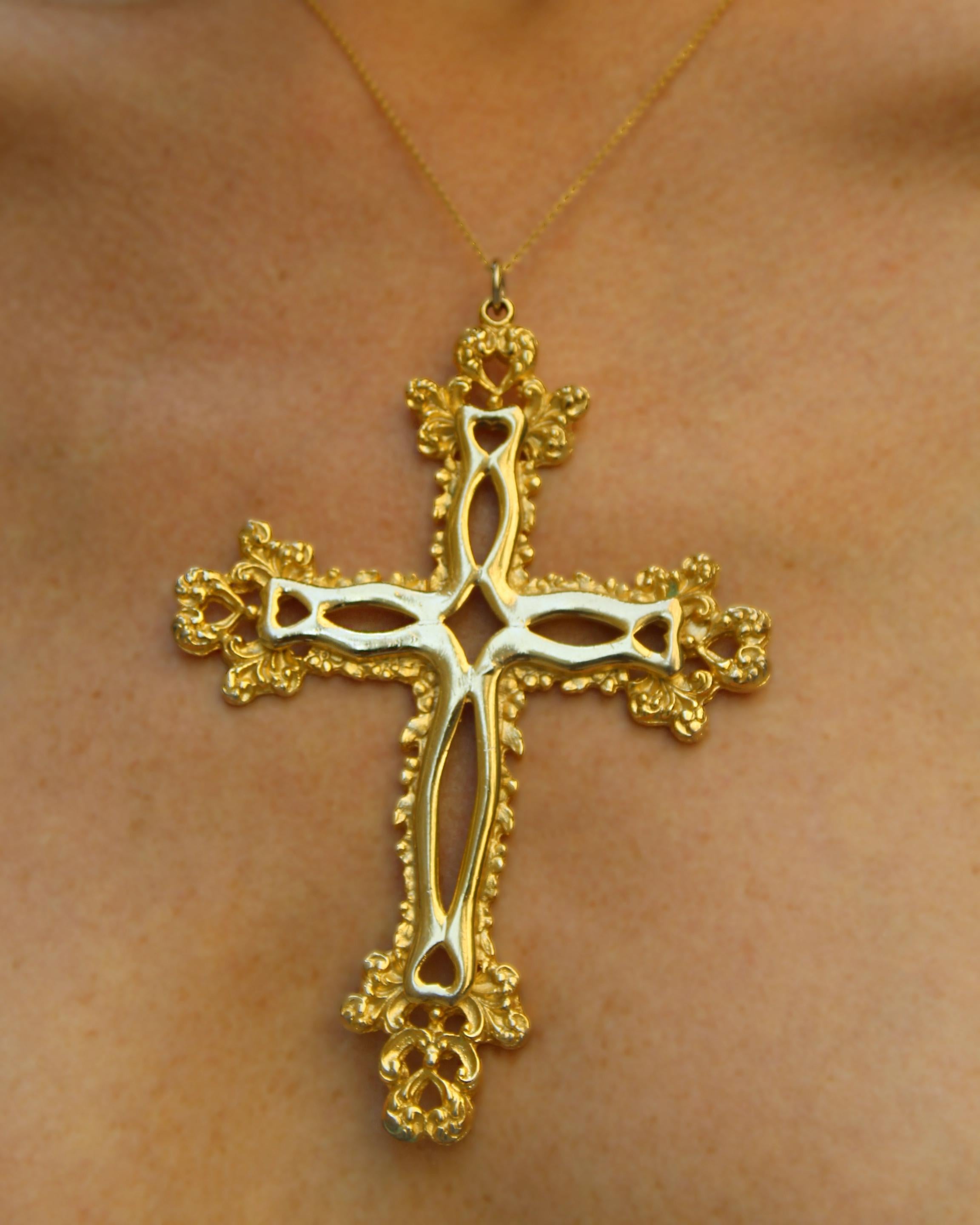 Women's or Men's Vintage Large Gold Baroque Cross For Sale